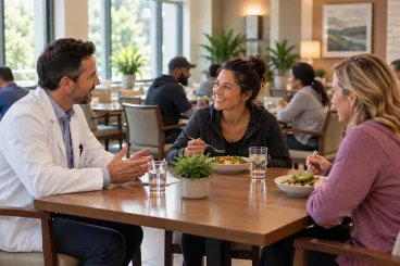 Doctor in a white coat talking with two adults as they enjoy a meal together in a communal dining area.